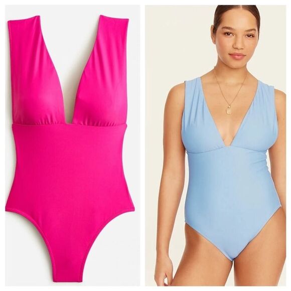 NWT J.Crew Plunge V Neck One Piece Bathing Suit Women’s Fuscia Pink Size 24 - Picture 1 of 11